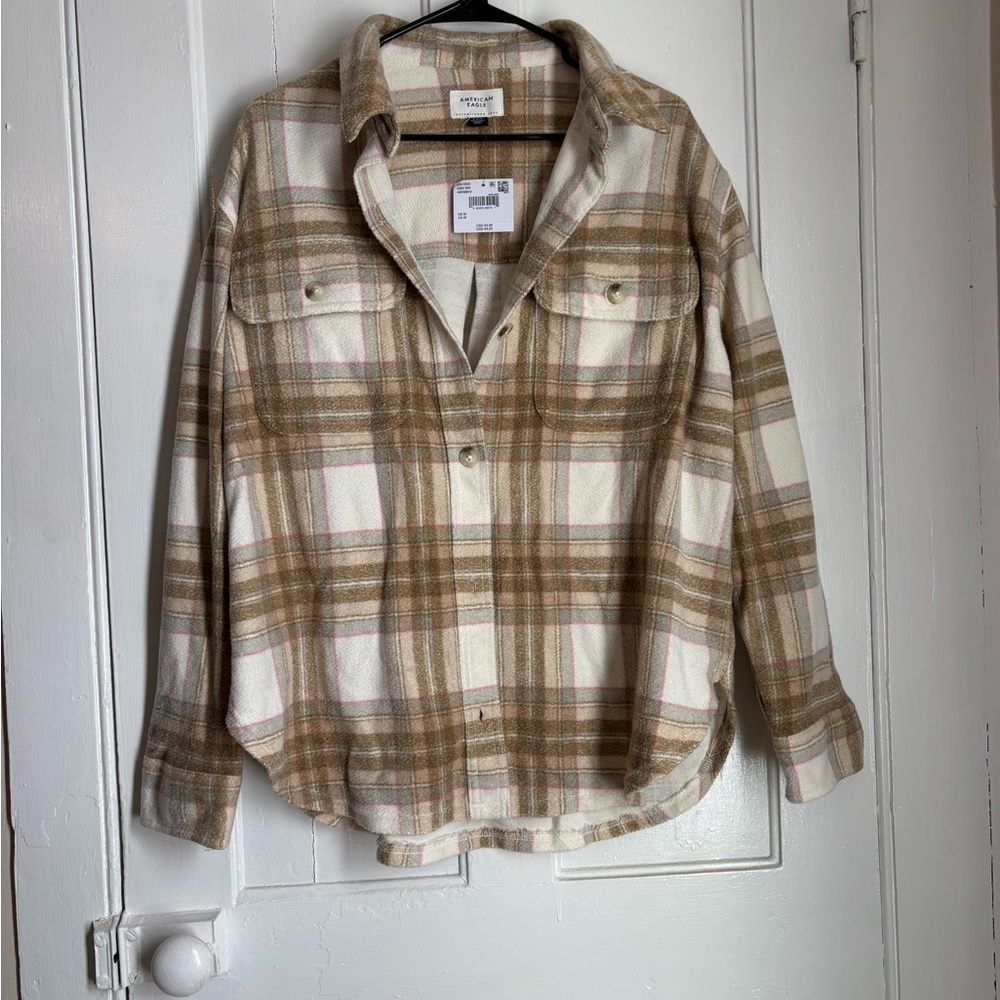 Women’s American Eagle Outfitters Pink and Tan Plaid Shirt